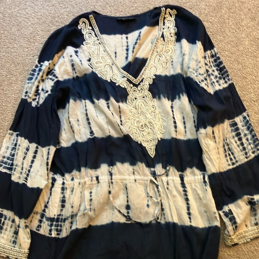 Navy and white Women's swimwear cover with beaded Detail